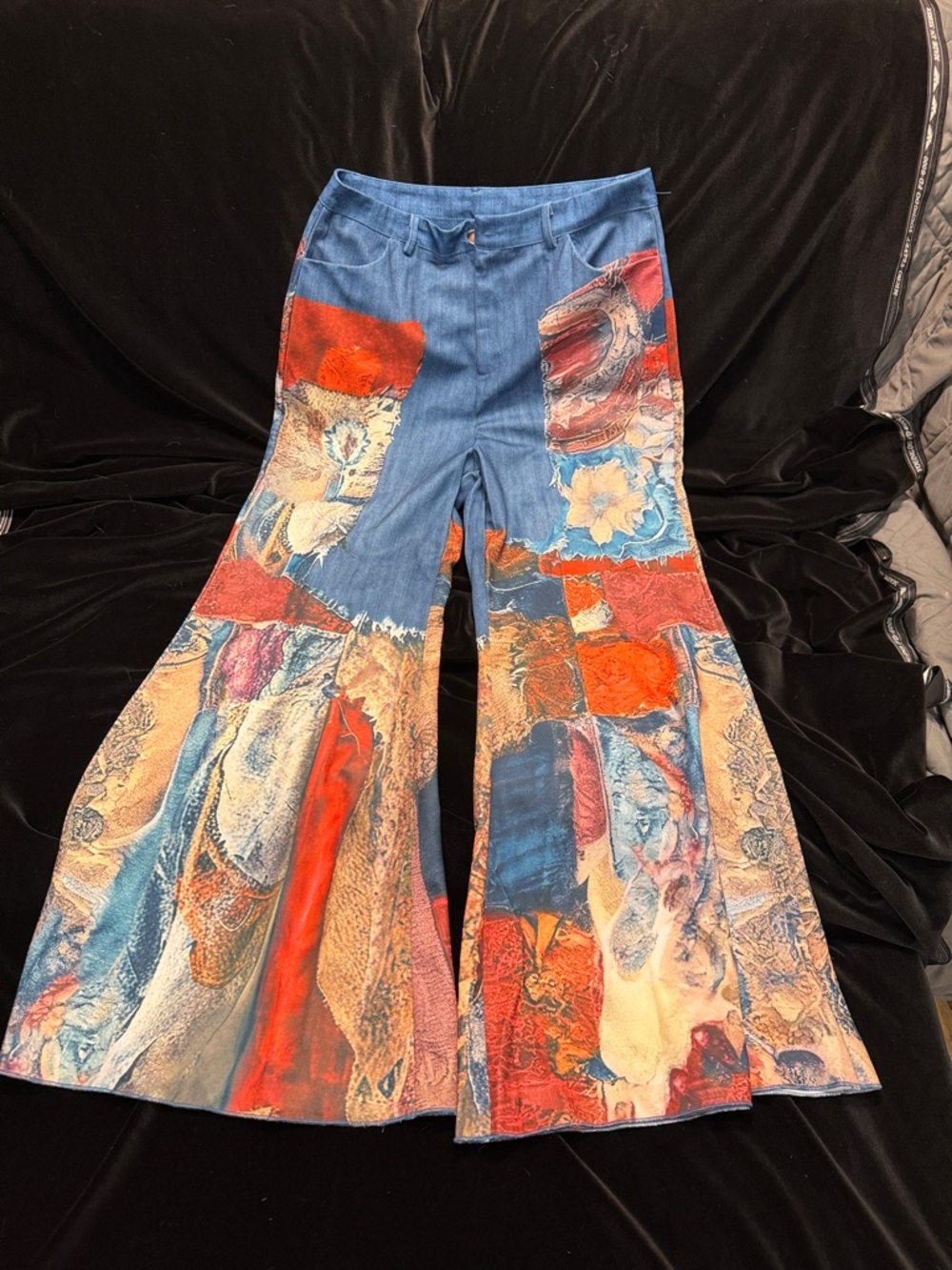 Wide Leg Patchwork Print Pants - Blue & Multicolor
